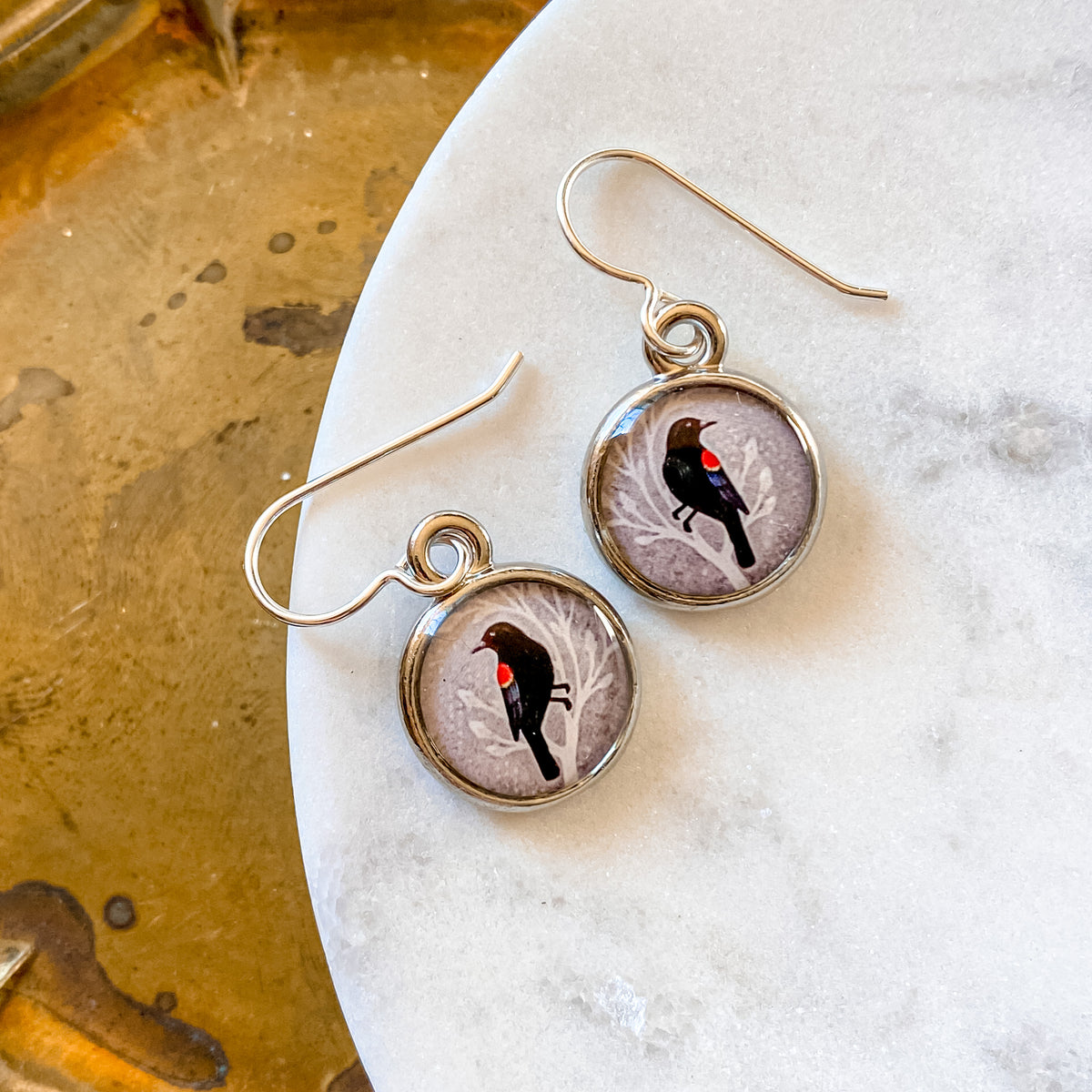 Red Winged Blackbird Silver Earrings