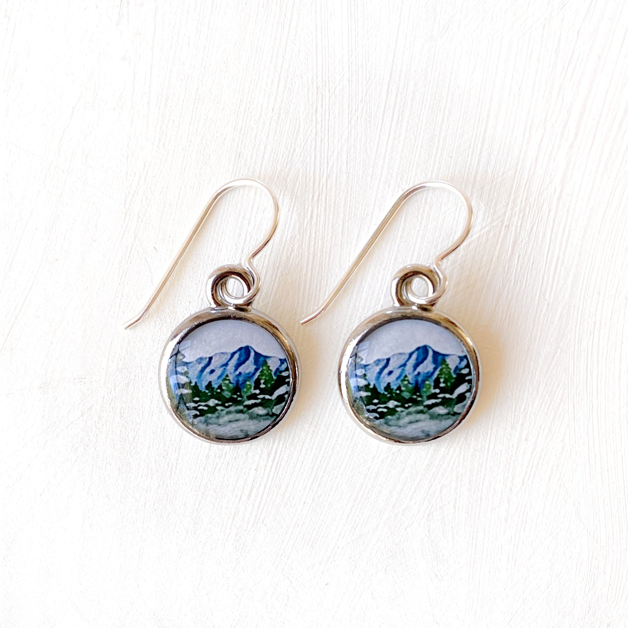 a pair of earrings with a picture of a mountain