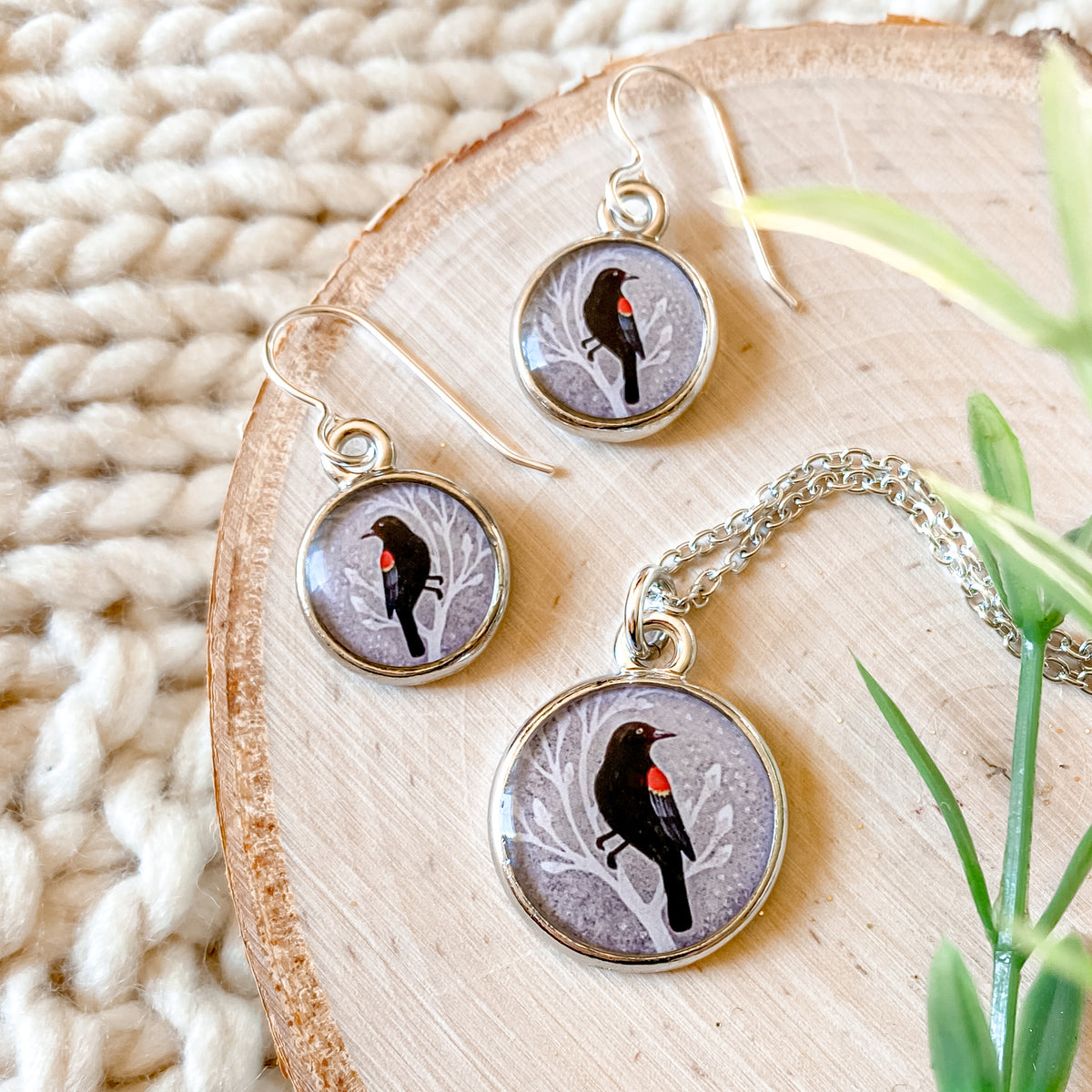 Red Winged Blackbird Silver Necklace