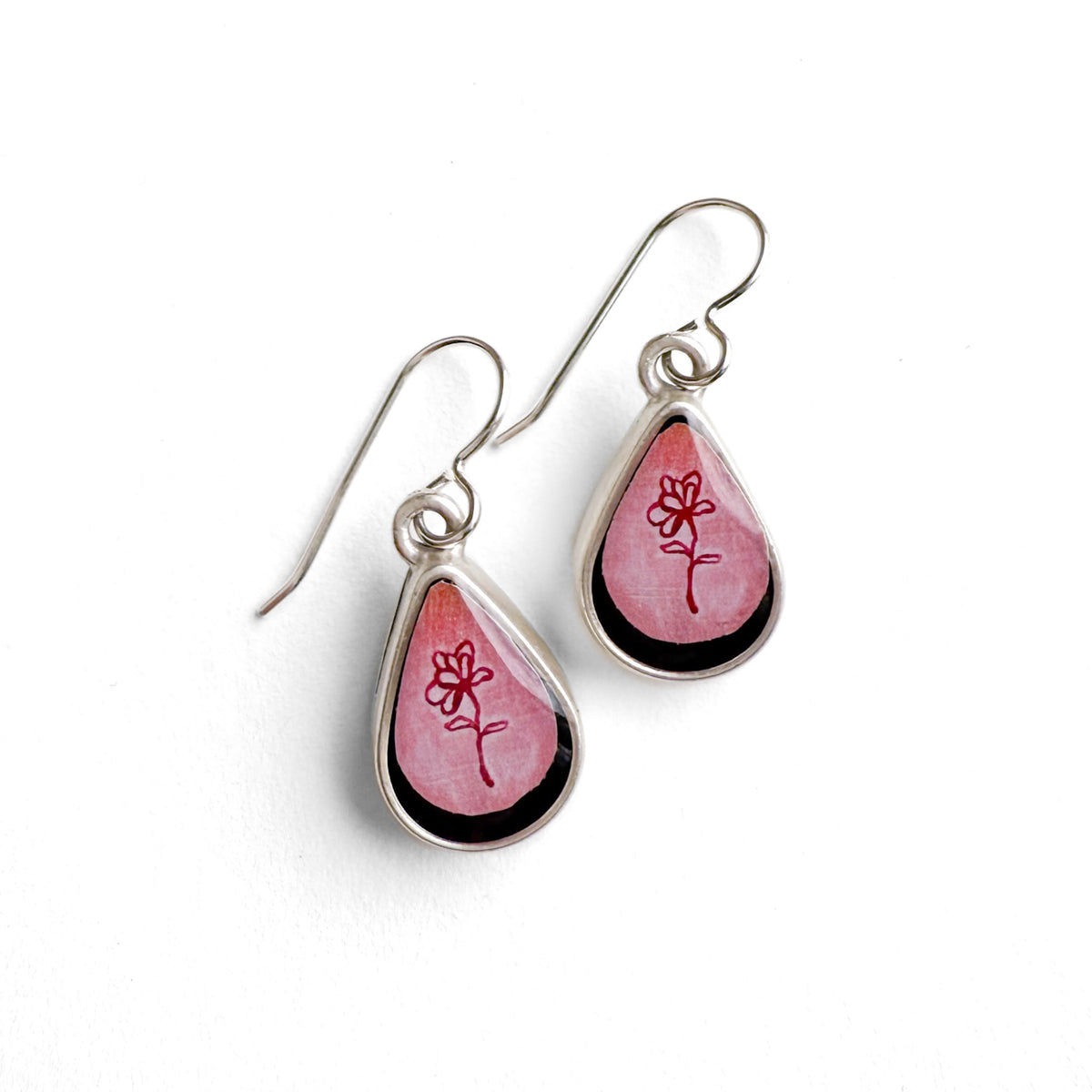 Pink Flower Silver Earrings