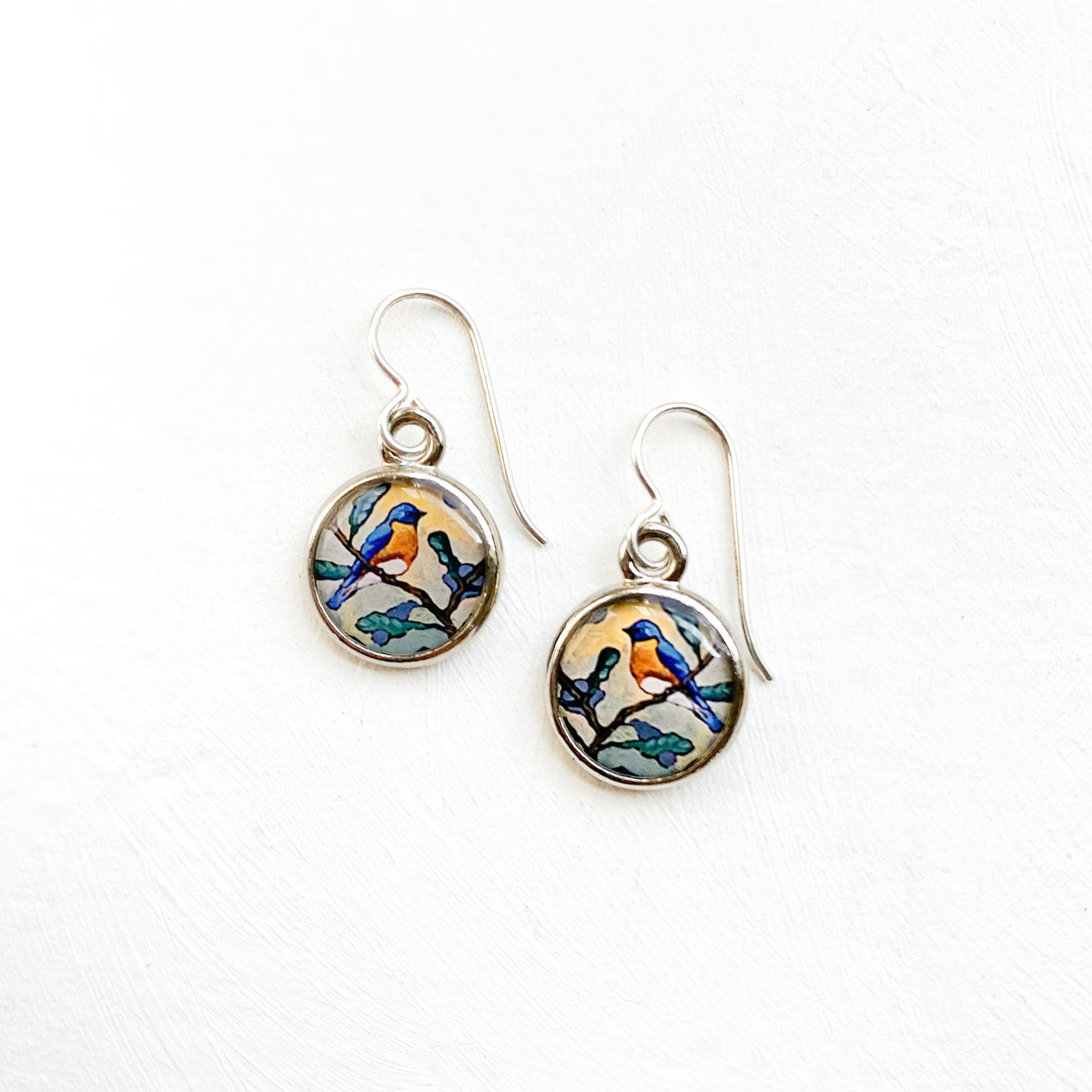 Bluebird Silver Earrings, artwork by guest artist Hannah Seng