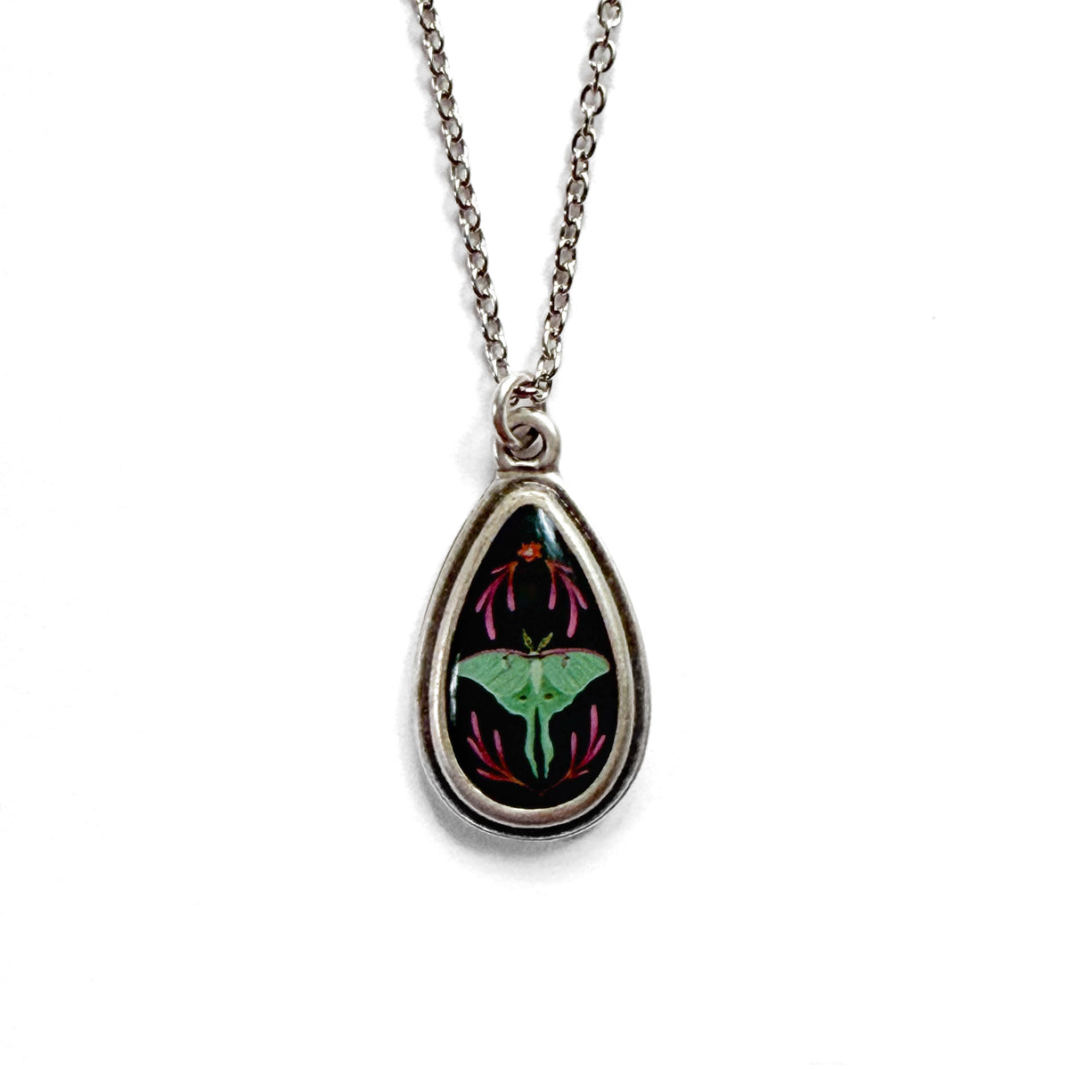 Luna Moth Silver Teardrop Necklace