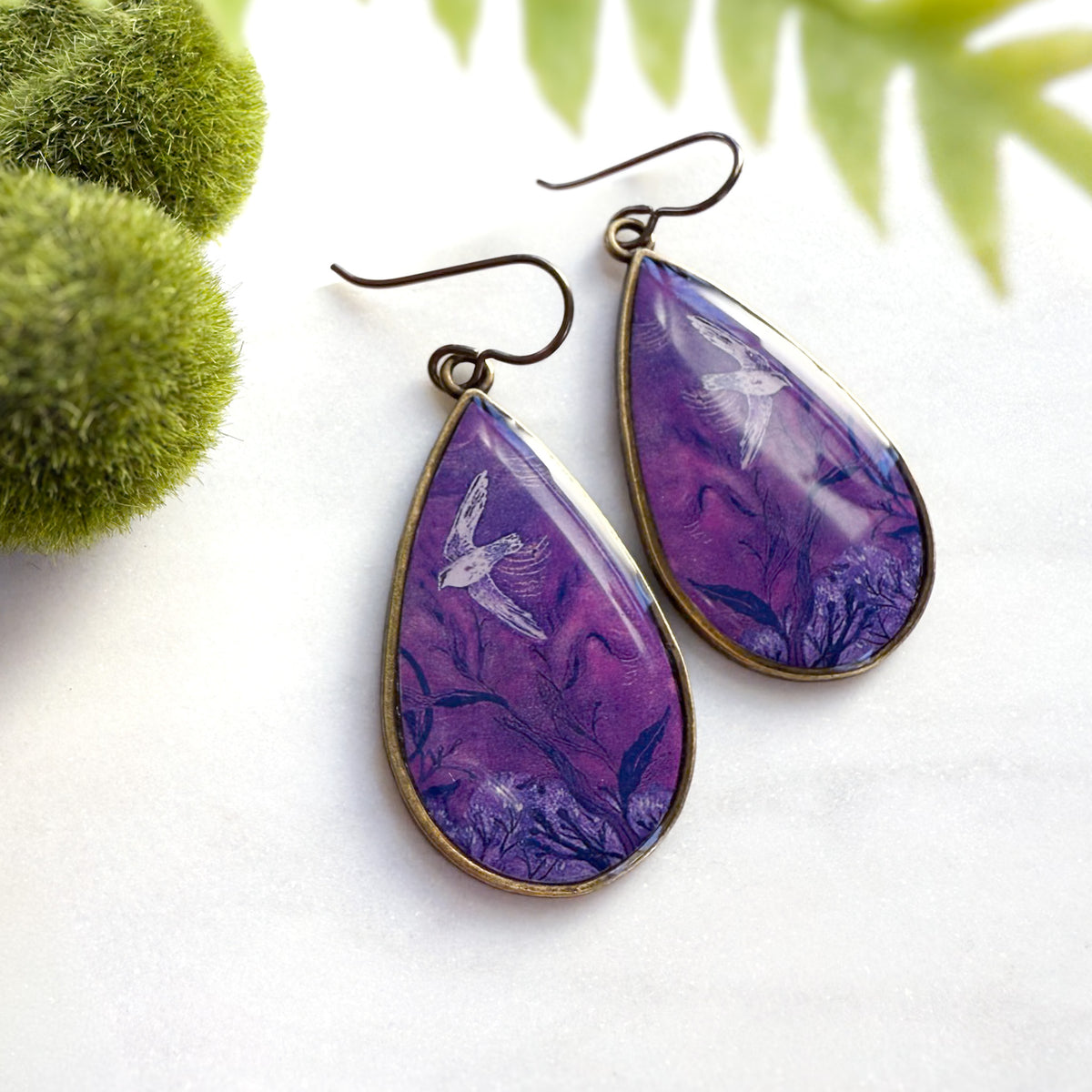 Purple Swifts teardrop statement earrings