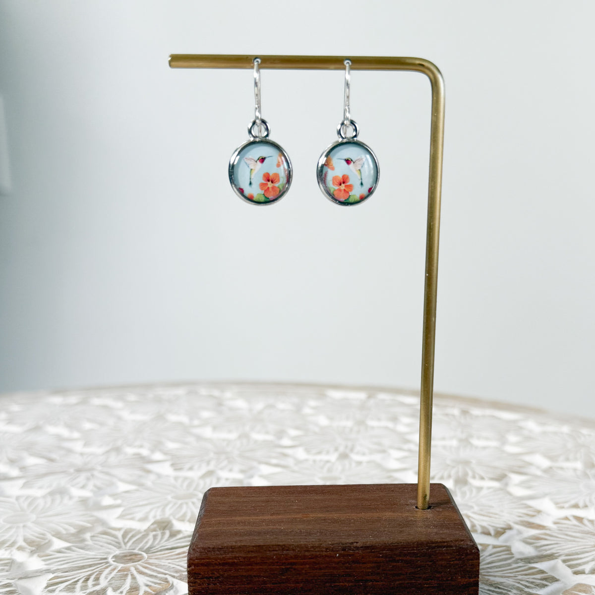 Hummingbird and Flower Silver Earrings