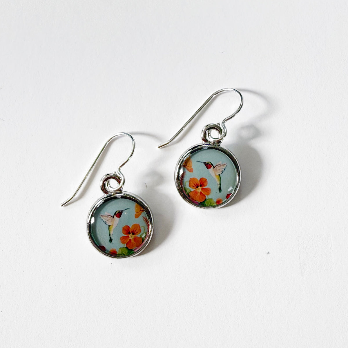 Hummingbird and Flower Silver Earrings