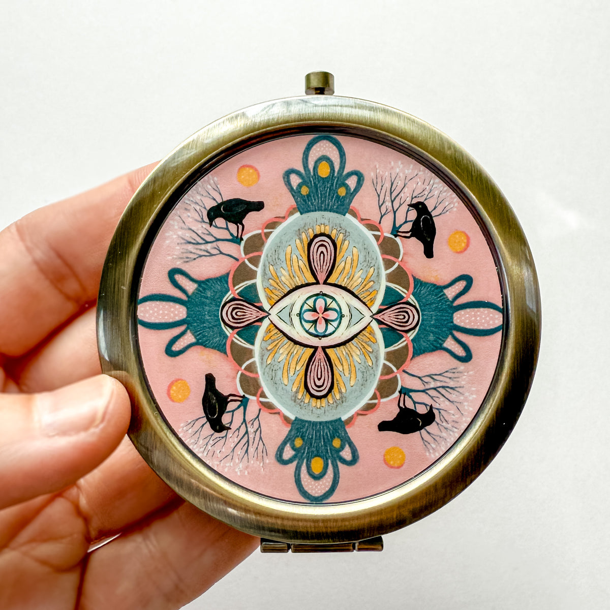 Crow Mandala Pocket Mirror | Nature Art Compact Mirror
