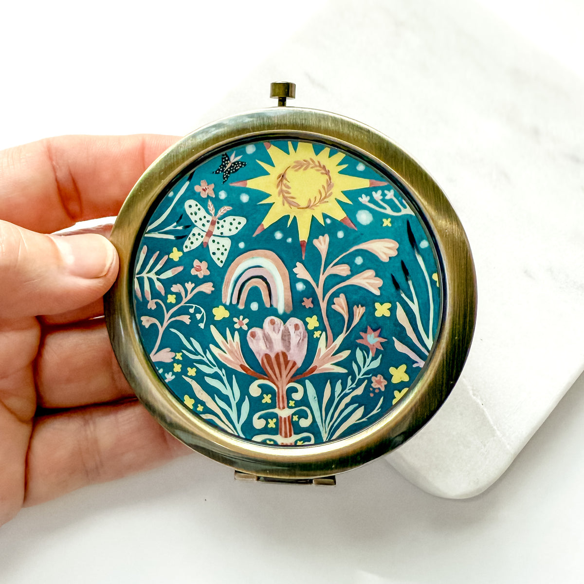 Floral Compact Mirror | Sun, Rainbow Illustration | Travel Makeup Gift