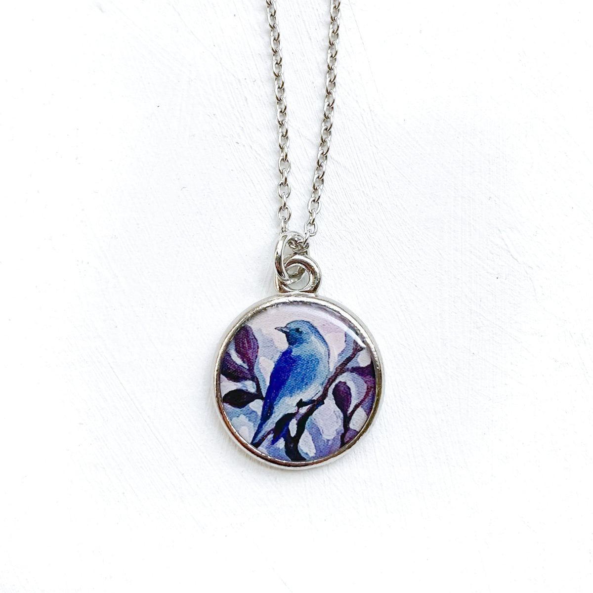 Mountain Bluebird Silver Necklace, Artwork by Guest Artist Hannah Seng