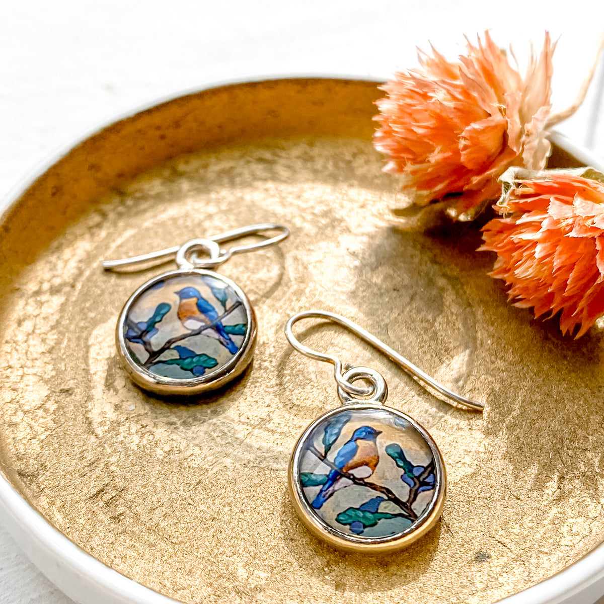 Bluebird Silver Earrings, artwork by guest artist Hannah Seng