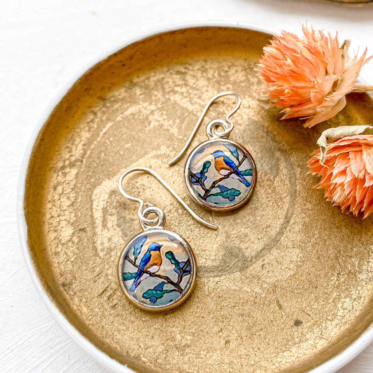 Bluebird Silver Earrings, artwork by guest artist Hannah Seng