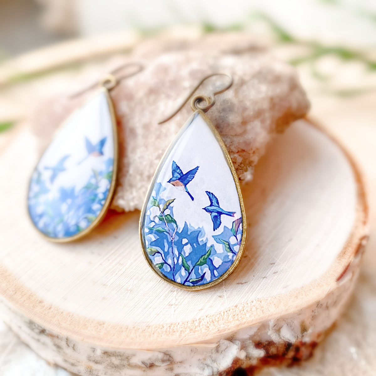 Bluebirds in Flight Teardrop Earrings, Artwork by guest artist Hannah Seng