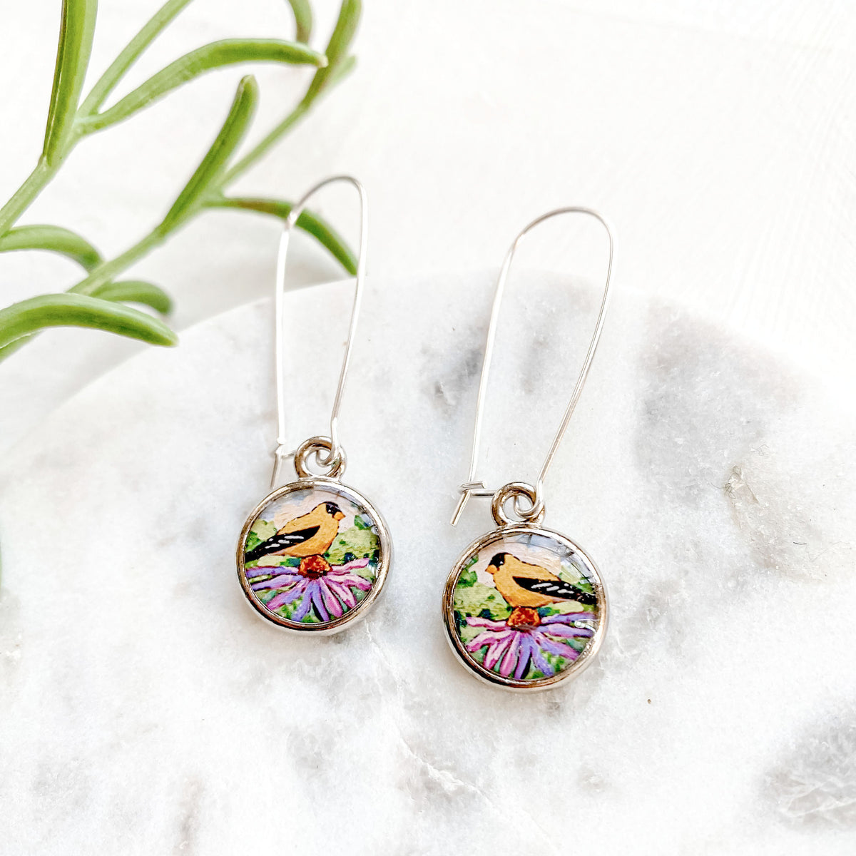 Goldfinch Silver Earrings, Artwork by Hannah Seng