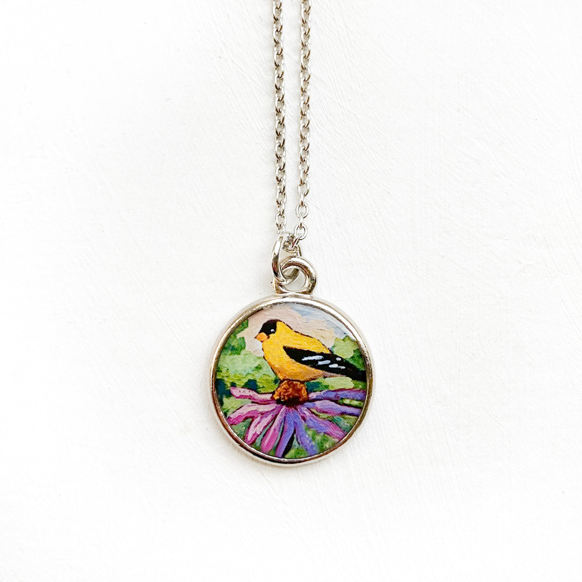 Goldfinch Silver Necklace, Artwork by Guest Artist Hannah Seng