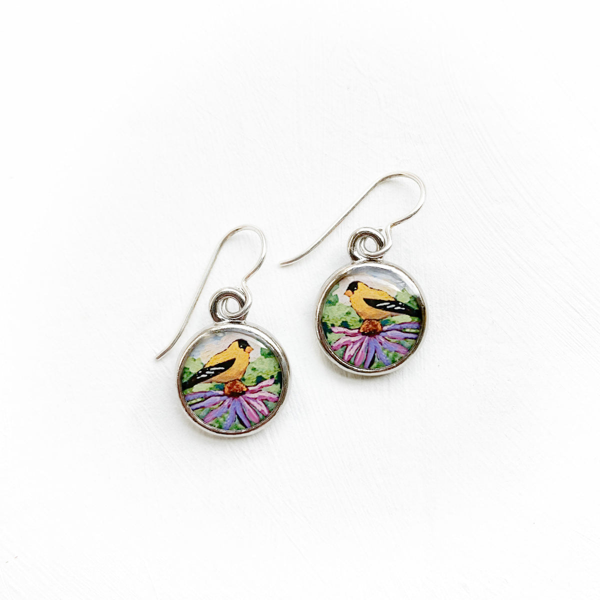 Goldfinch Silver Earrings, Artwork by Hannah Seng