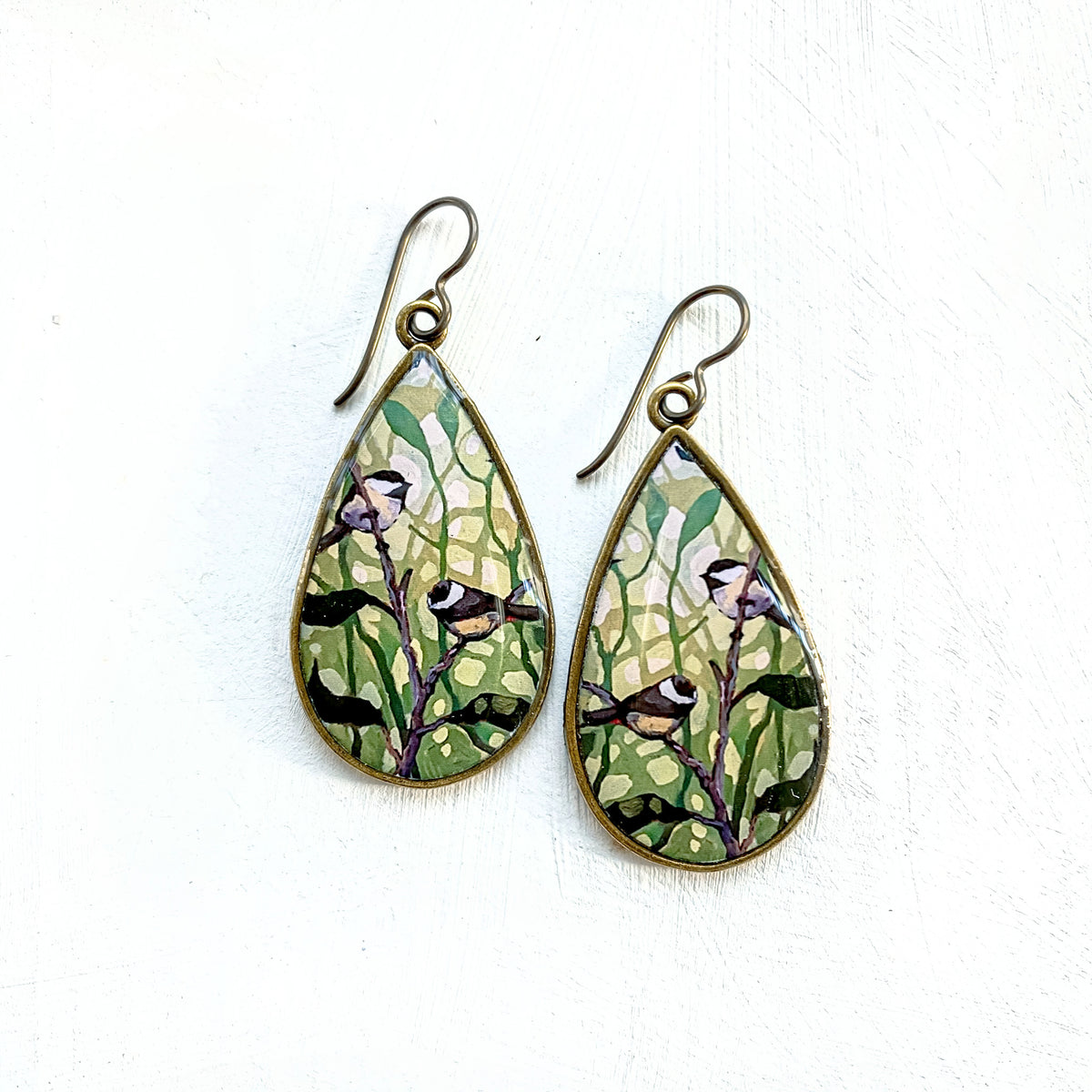 Chickadees in Green Teardrop Earrings, Artwork by guest artist Hannah Seng