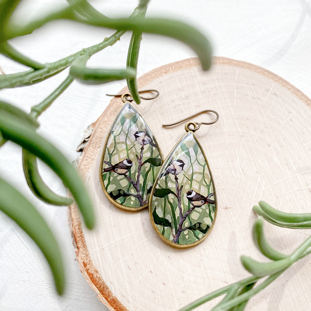 Chickadees in Green Teardrop Earrings, Artwork by guest artist Hannah Seng