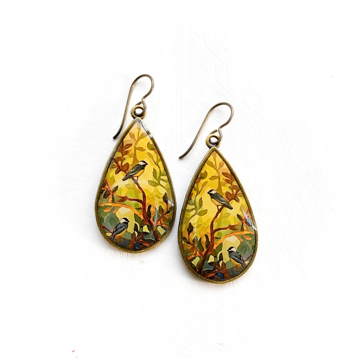 Golden Yellow Chickadees Teardrop Earrings, Artwork by guest artist Hannah Seng