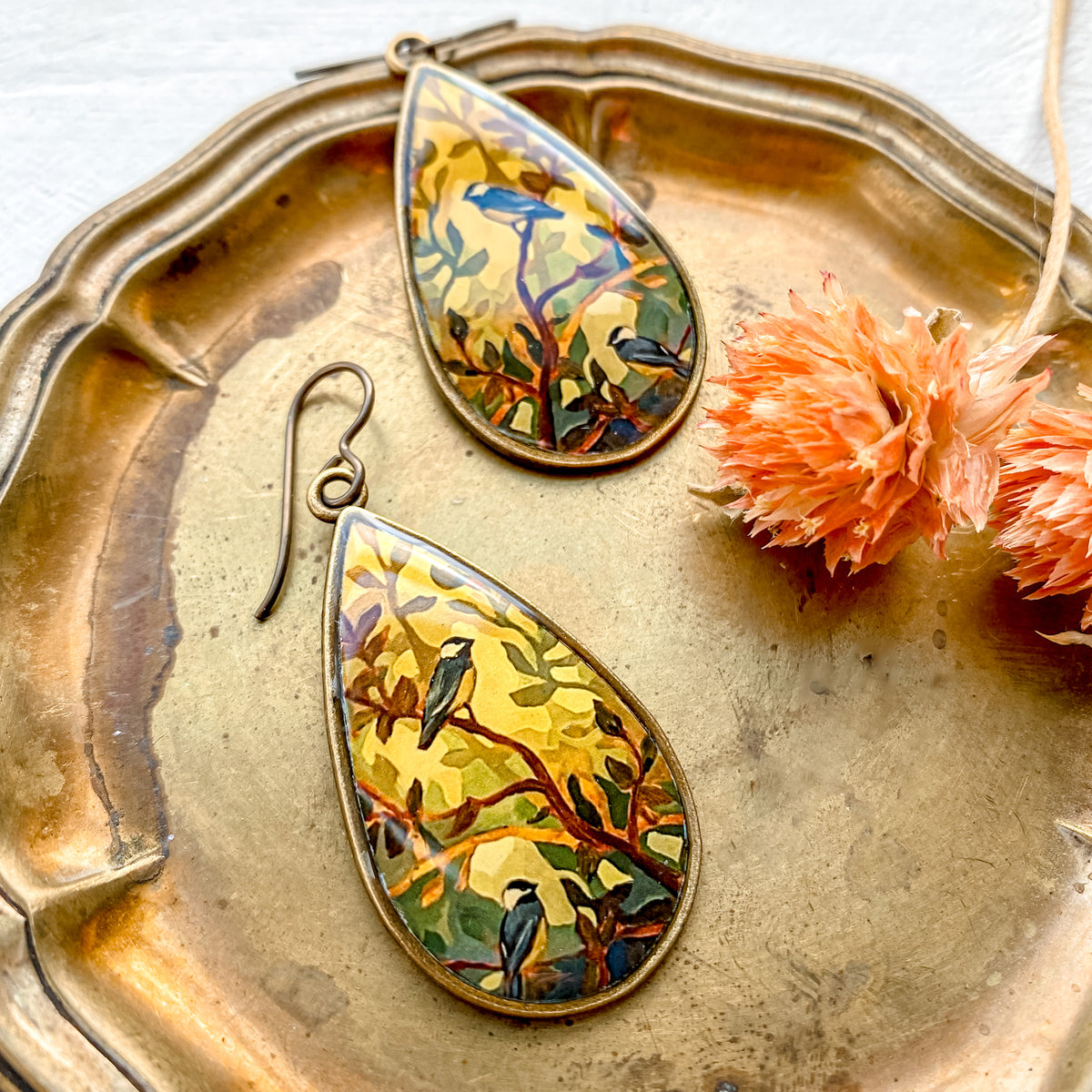 Golden Yellow Chickadees Teardrop Earrings, Artwork by guest artist Hannah Seng