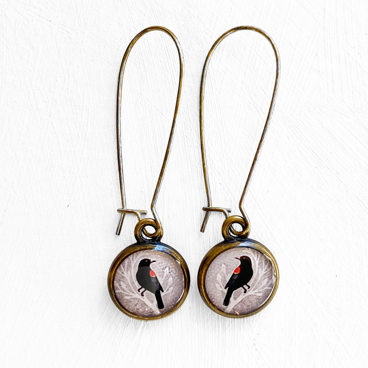 Red winged Blackbird Bird Bronze Earrings
